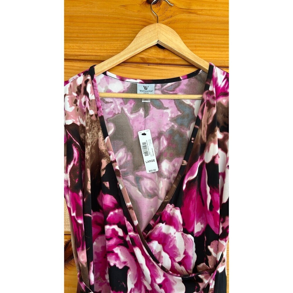 NWT Pink & Brown Rose Patterned Wrap Dress with Tie L - Picture 3 of 5